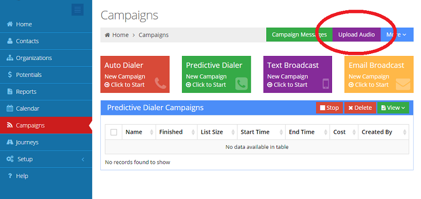 Upload your auto dialer audio file